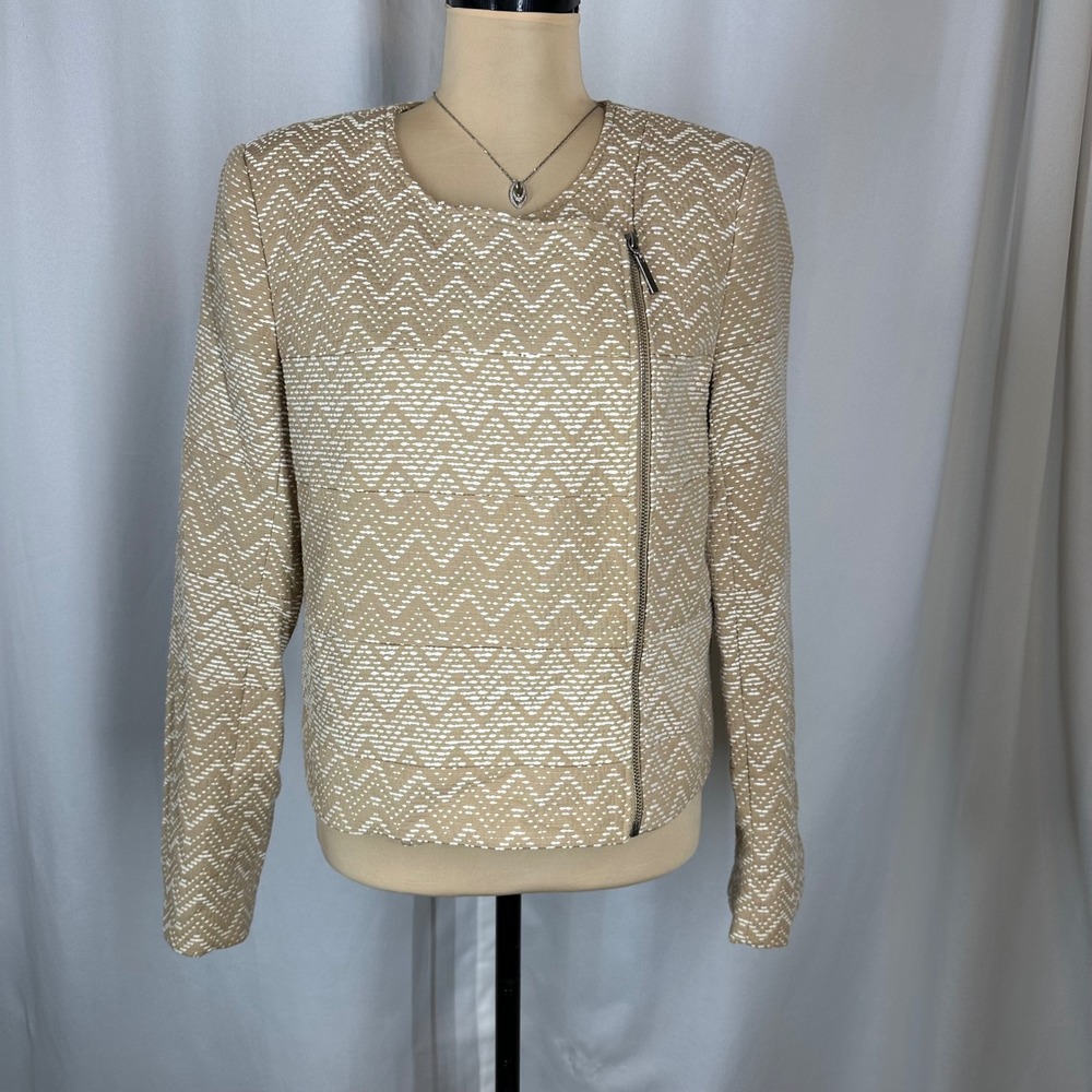 1.STATE Beige Embroidered Zip Front Jacket Women's Size L Cotton Blend
